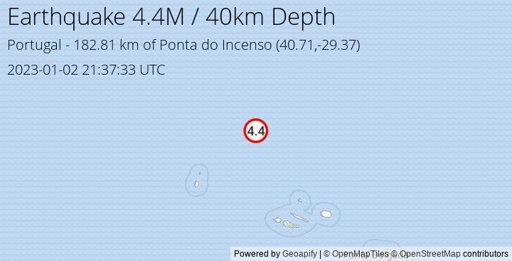 Earthquake M4.4 - 182.81 km of Ponta do Incenso - Portugal