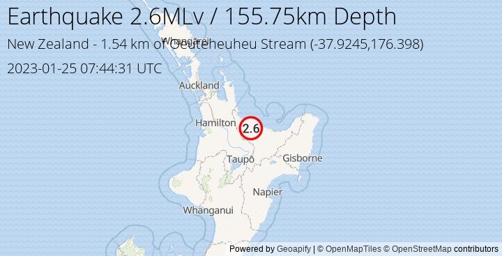Earthquake MLv2.6 - 1.538 km of Oeuteheuheu Stream - New Zealand
