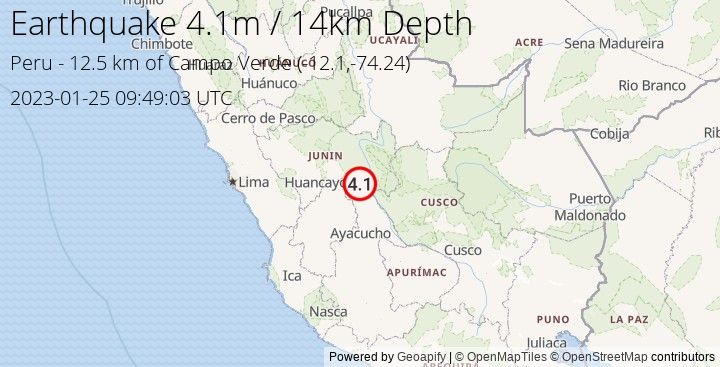 Earthquake m4.1 - 12.498 km of Campo Verde - Peru