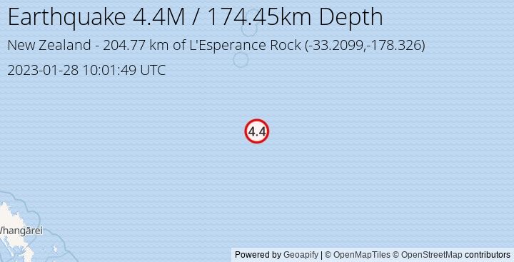 Earthquake M4.4 - 204.765 km of L'Esperance Rock - New Zealand