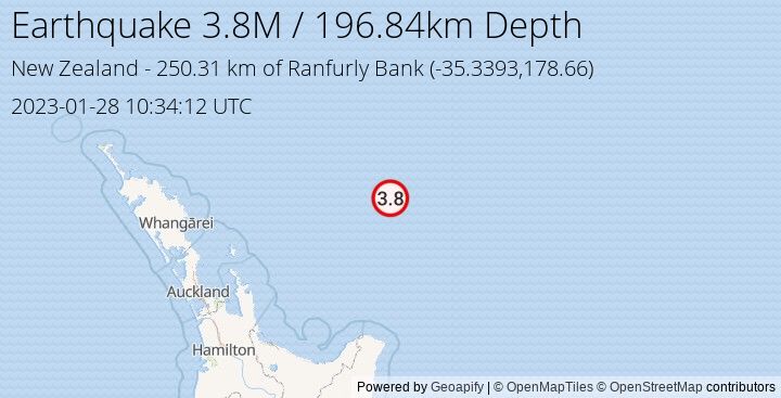 Earthquake M3.8 - 250.31 km of Ranfurly Bank - New Zealand