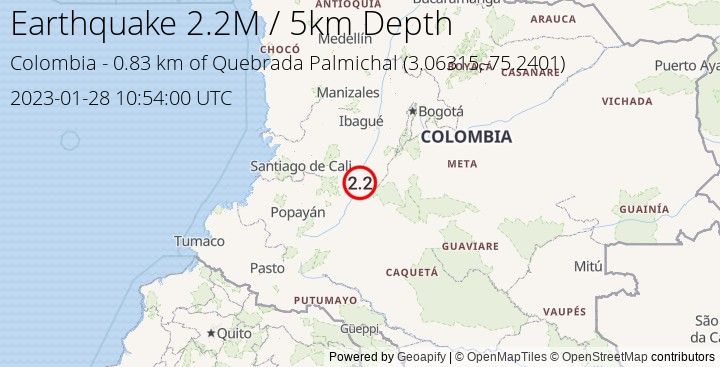 Earthquake M2.2 - 0.83 km of Quebrada Palmichal - Colombia
