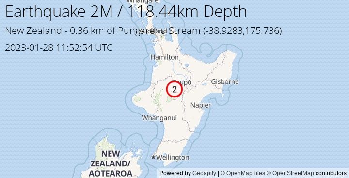 Earthquake M2 - 0.364 km of Pungarehu Stream - New Zealand