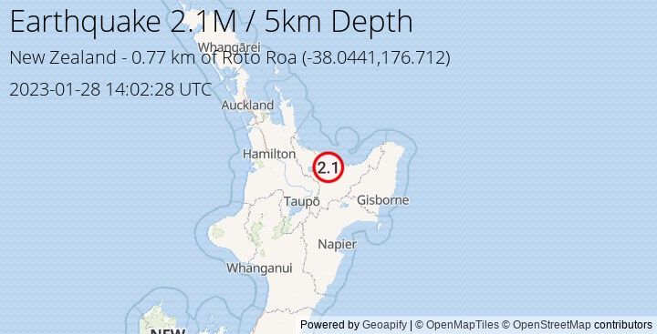 Earthquake M2.1 - 0.773 km of Roto Roa - New Zealand