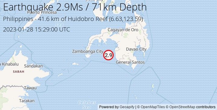 Earthquake Ms2.9 - 41.603 km of Huidobro Reef - Philippines