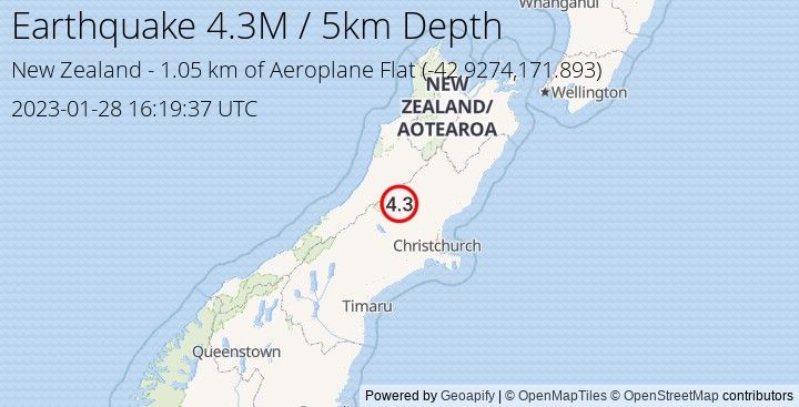 Earthquake M4.3 - 1.053 km of Aeroplane Flat - New Zealand
