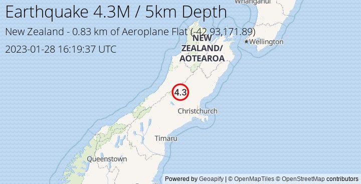 Earthquake M4.3 - 0.825 km of Aeroplane Flat - New Zealand
