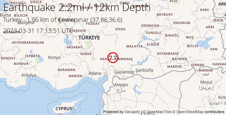 Earthquake ml2.2 - 1.955 km of Çevrepınar - Turkey