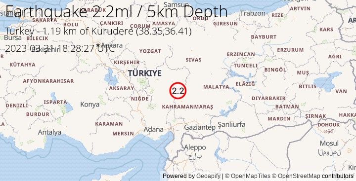Earthquake ml2.2 - 1.188 km of Kurudere - Turkey
