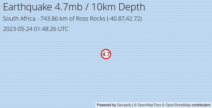 Earthquake mb4.7 - 743.86 km of Ross Rocks - South Africa