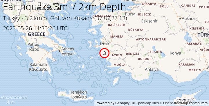 Earthquake ml3 - 3.197 km of Golf von Kusada - Turkey