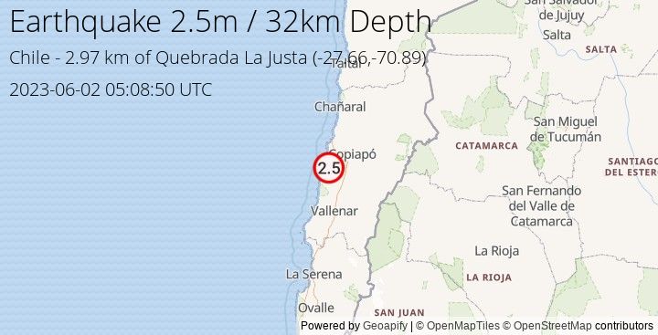 Earthquake m2.5 - 2.97 km of Quebrada La Justa - Chile