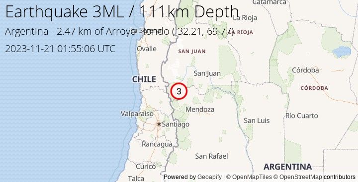 Earthquake ML3 - 2.465 km of Arroyo Hondo - Argentina