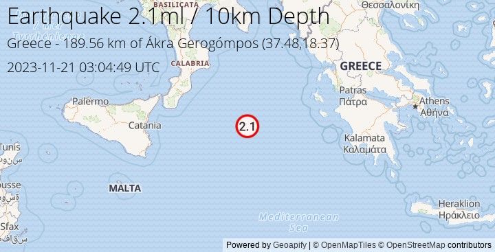 Earthquake ml2.1 - 189.555 km of Ákra Gerogómpos - Greece