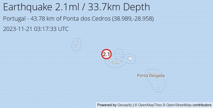 Earthquake ml2.1 - 43.781 km of Ponta dos Cedros - Portugal