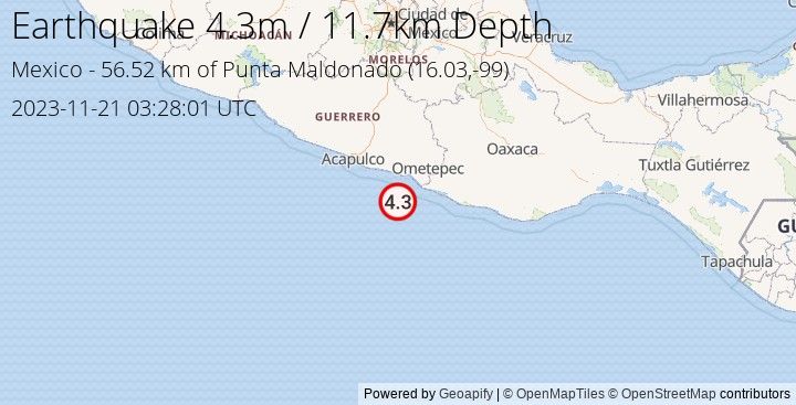 Earthquake m4.3 - 56.519 km of Punta Maldonado - Mexico