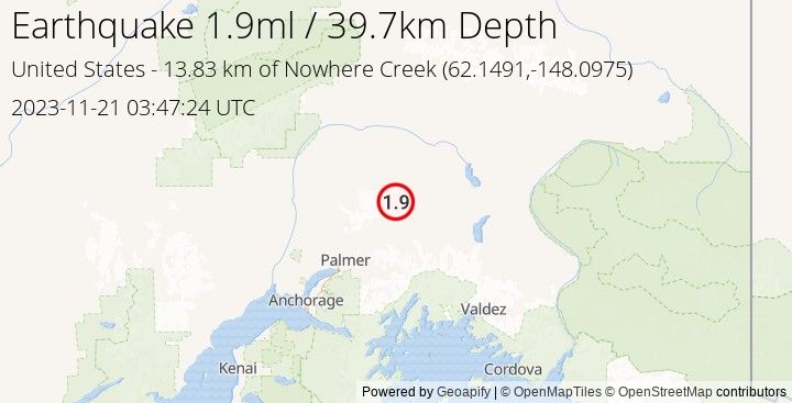Earthquake ml1.9 - 13.829 km of Nowhere Creek - United States