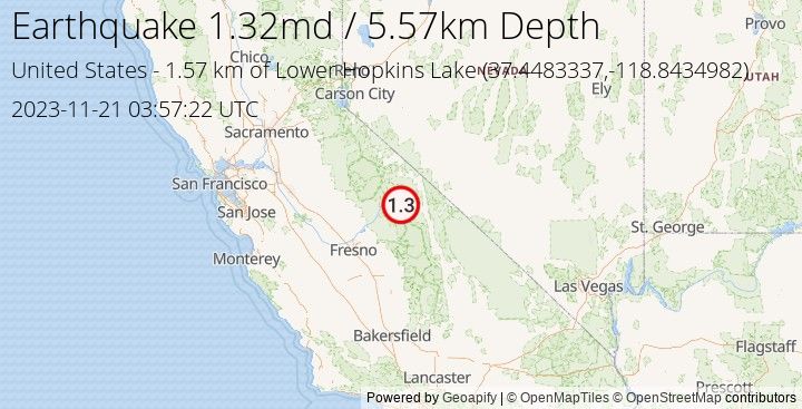 Earthquake md1.32 - 1.571 km of Lower Hopkins Lake - United States