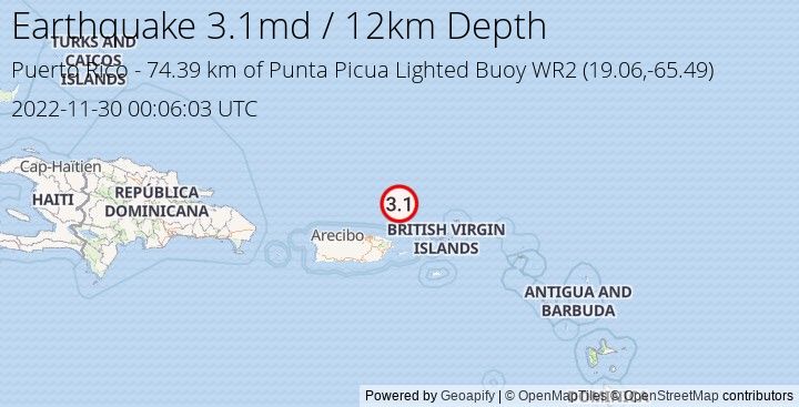 Earthquake md3.1 - 74.39 km of Punta Picua Lighted Buoy WR2 - Puerto Rico