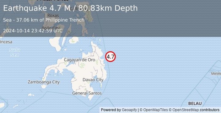 Earthquake Mindanao, Philippines (4.7 M) (2024-10-14 23:42:59 UTC)