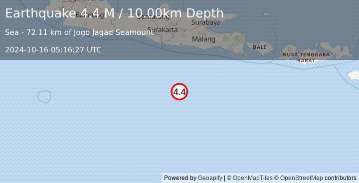 Earthquake South of Java, Indonesia (4.4 M) (2024-10-16 05:16:27 UTC)