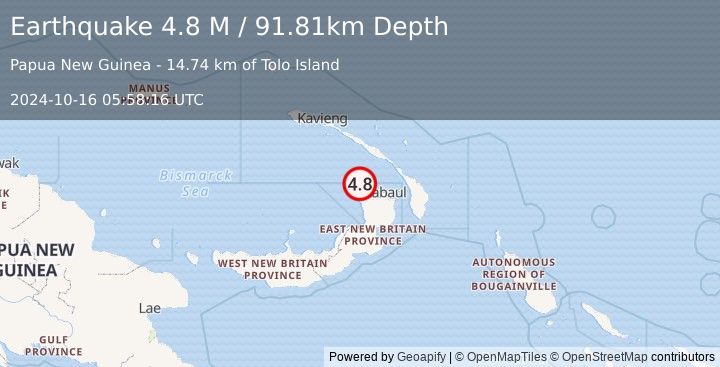 Earthquake New Britain Region, Papua New Guinea (4.8 M) (2024-10-16 05:58:16 UTC)