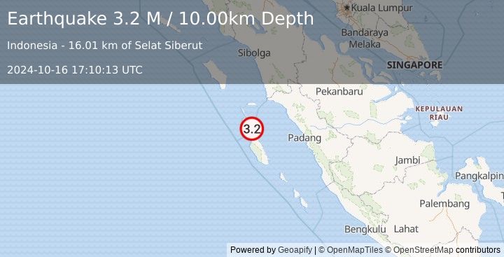 Earthquake Southern Sumatra, Indonesia (3.2 M) (2024-10-16 17:10:13 UTC)