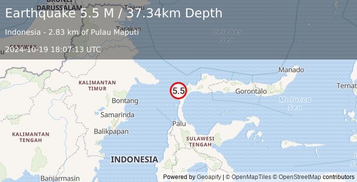 Earthquake Minahassa Peninsula, Sulawesi (5.5 M) (2024-10-19 18:07:13 UTC)