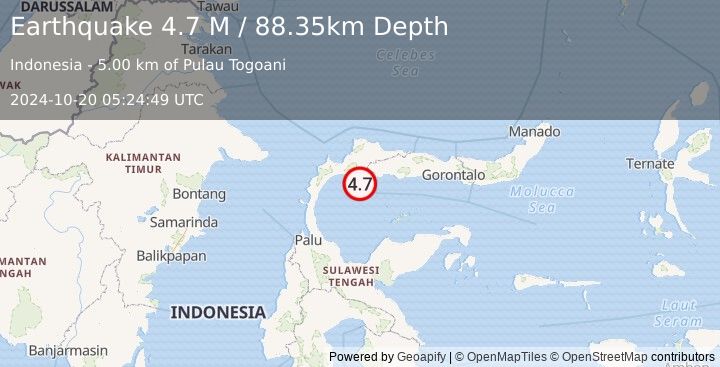 Earthquake Minahassa Peninsula, Sulawesi (4.7 M) (2024-10-20 05:24:49 UTC)