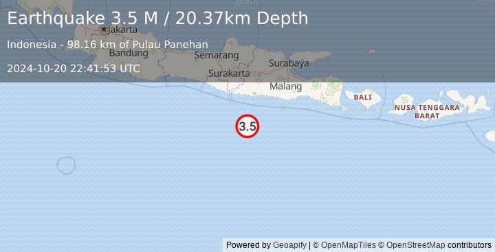 Earthquake South of Java, Indonesia (3.5 M) (2024-10-20 22:41:53 UTC)