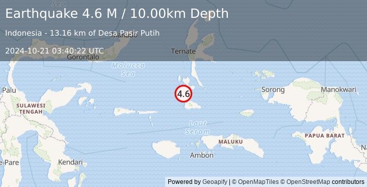 Earthquake Halmahera, Indonesia (4.6 M) (2024-10-21 03:40:22 UTC)