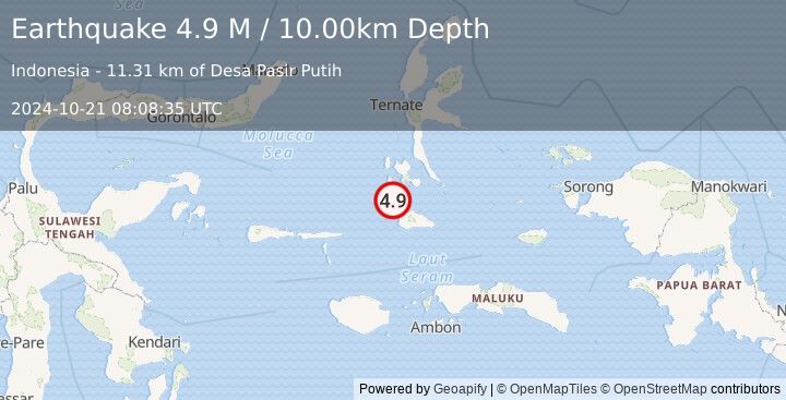 Earthquake Halmahera, Indonesia (4.9 M) (2024-10-21 08:08:35 UTC)