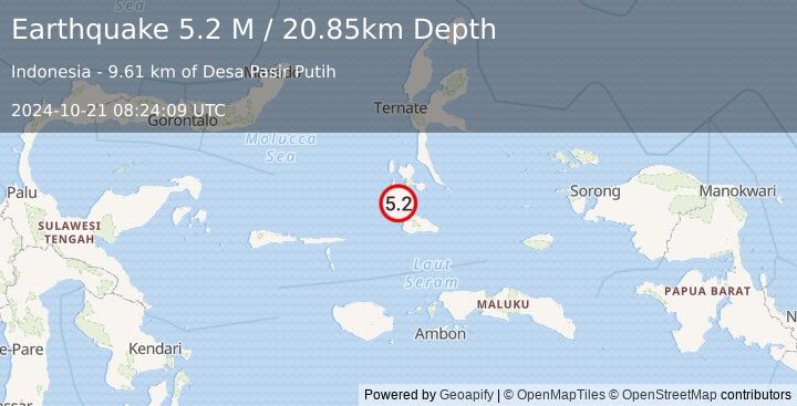 Earthquake Halmahera, Indonesia (5.2 M) (2024-10-21 08:24:09 UTC)