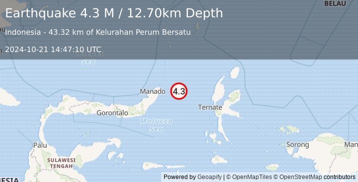 Earthquake Northern Molucca Sea (4.3 M) (2024-10-21 14:47:10 UTC)