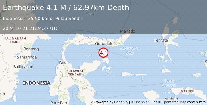 Earthquake Minahassa Peninsula, Sulawesi (4.1 M) (2024-10-21 21:24:37 UTC)