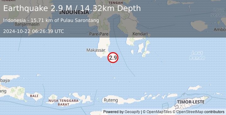 Earthquake Sulawesi, Indonesia (2.9 M) (2024-10-22 06:26:39 UTC)