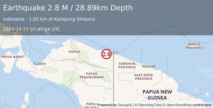 Earthquake Near North Coast of West Papua (2.8 M) (2024-10-22 07:47:24 UTC)