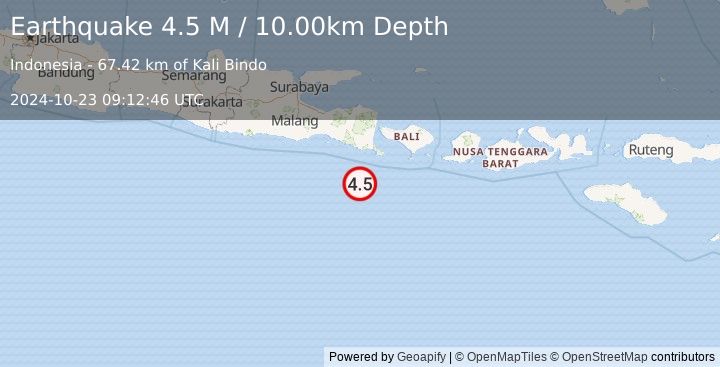 Earthquake South of Bali, Indonesia (4.5 M) (2024-10-23 09:12:46 UTC)