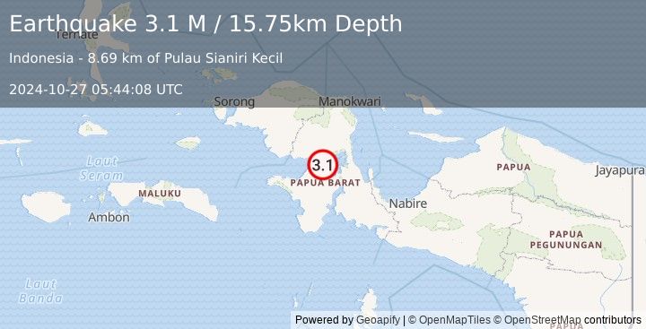 Earthquake West Papua Region, Indonesia (3.1 M) (2024-10-27 05:44:08 UTC)