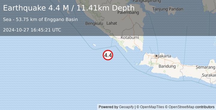 Earthquake Southwest of Sumatra, Indonesia (4.4 M) (2024-10-27 16:45:21 UTC)