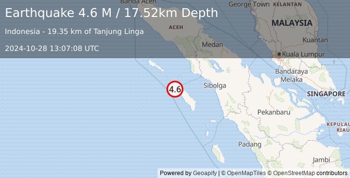 Earthquake Off West Coast of Northern Sumatra (4.6 M) (2024-10-28 13:07:08 UTC)