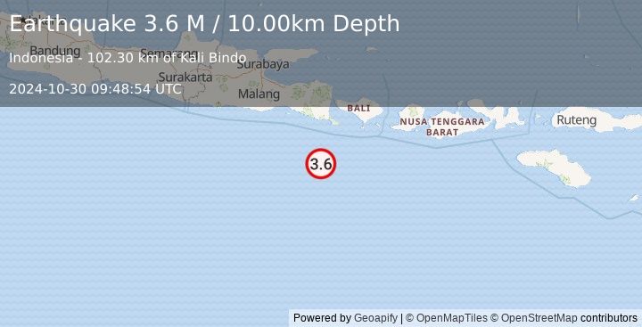 Earthquake South of Bali, Indonesia (3.6 M) (2024-10-30 09:48:54 UTC)