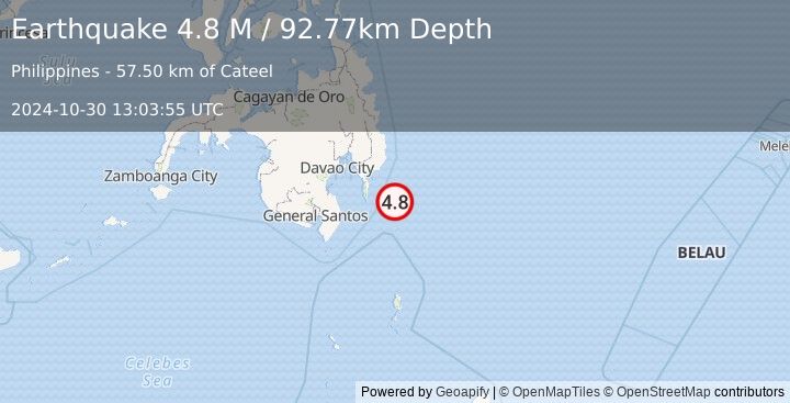 Earthquake Mindanao, Philippines (4.8 M) (2024-10-30 13:03:55 UTC)