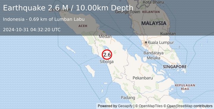 Earthquake Northern Sumatra, Indonesia (2.6 M) (2024-10-31 04:32:20 UTC)