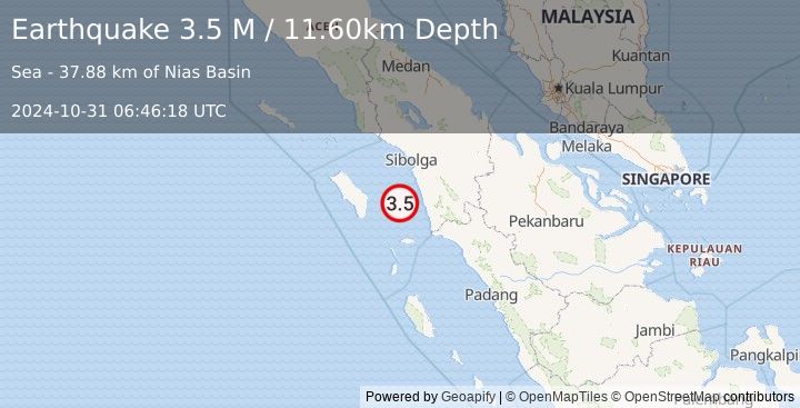 Earthquake Northern Sumatra, Indonesia (3.5 M) (2024-10-31 06:46:18 UTC)