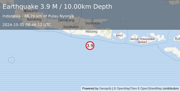 Earthquake South of Java, Indonesia (3.9 M) (2024-10-31 08:46:12 UTC)