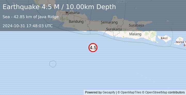 Earthquake South of Java, Indonesia (4.5 M) (2024-10-31 17:48:03 UTC)