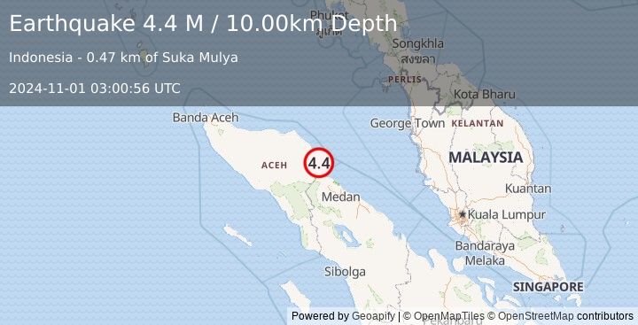 Earthquake Northern Sumatra, Indonesia (4.4 M) (2024-11-01 03:00:56 UTC)