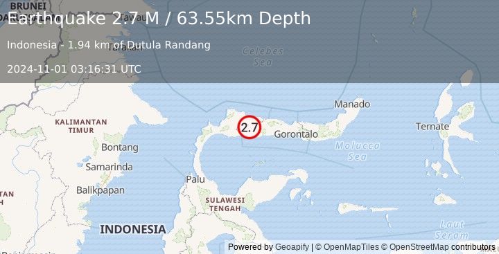 Earthquake Minahassa Peninsula, Sulawesi (2.7 M) (2024-11-01 03:16:31 UTC)