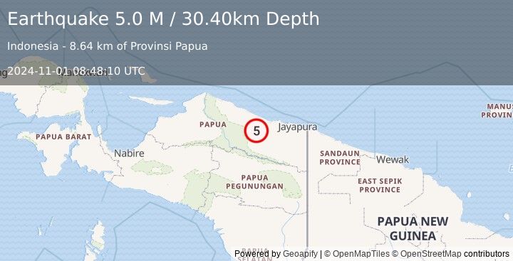 Earthquake Near North Coast of West Papua (5.0 M) (2024-11-01 08:48:10 UTC)